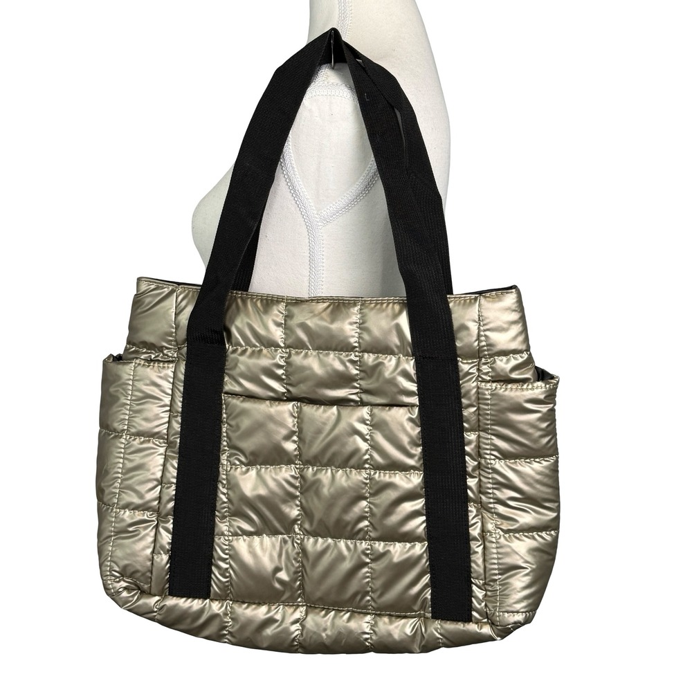 Puffer Quilted Tote Shoulder Bag Metallic Gold Bronze Black Straps Zipper